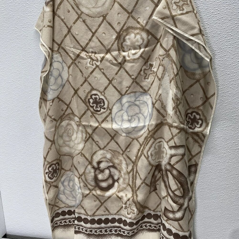 CHANEL Cashmere Silk Clover & Floral Rectangle Scarf Tan/Brown